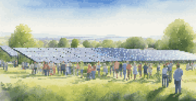A vibrant solar farm with people observing, set against a clear blue sky and green landscape.