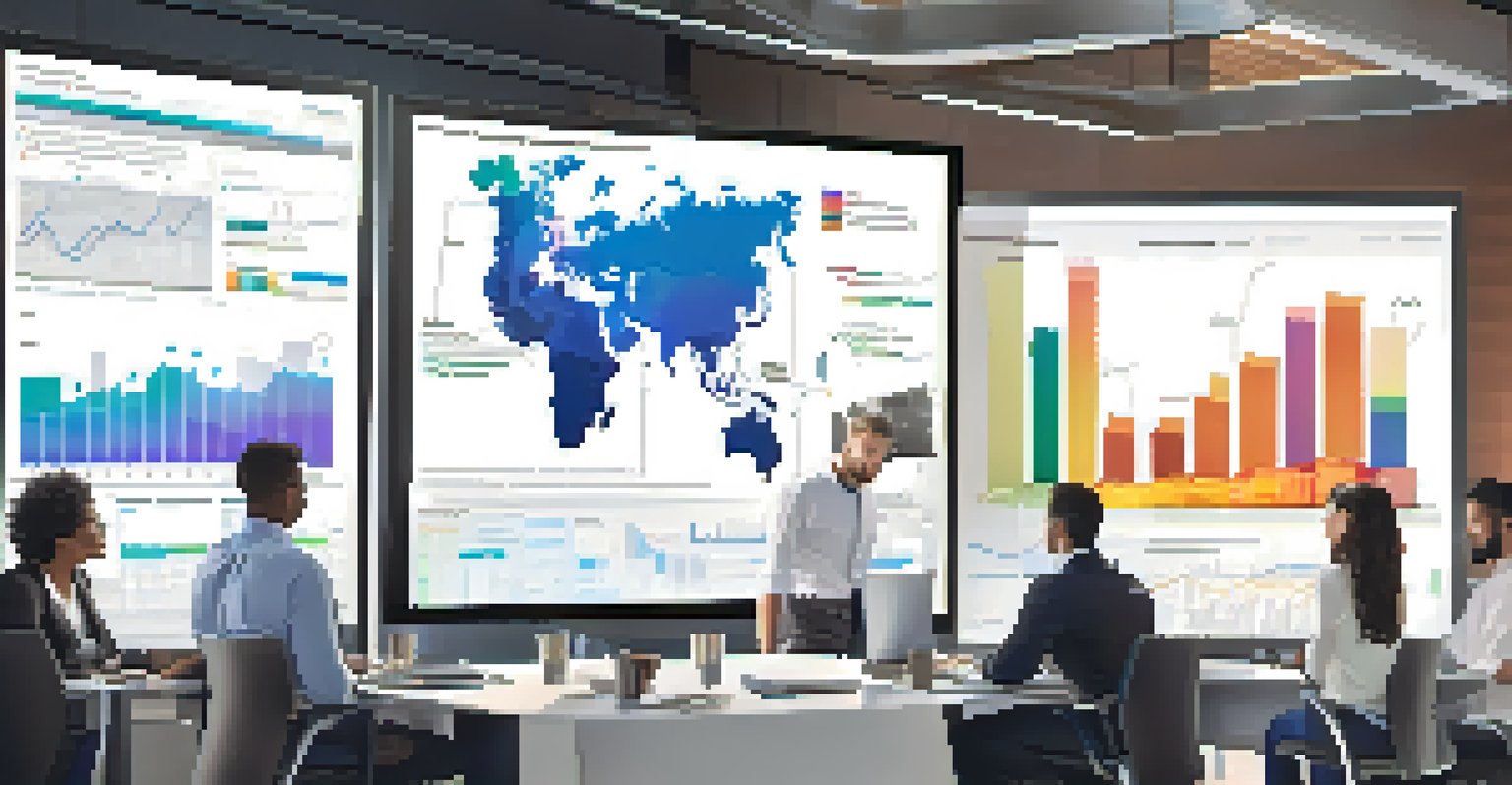 A business team in a modern office analyzing the Consumer Confidence Index on a large screen.