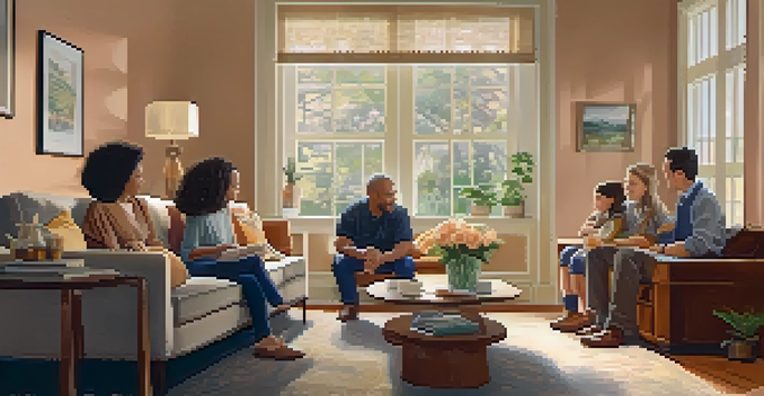 A family sitting in a living room, discussing financial matters around a coffee table, with warm lighting and family photos in the background.