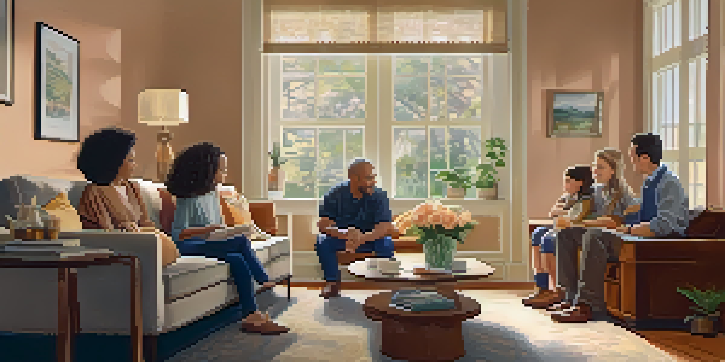 A family sitting in a living room, discussing financial matters around a coffee table, with warm lighting and family photos in the background.