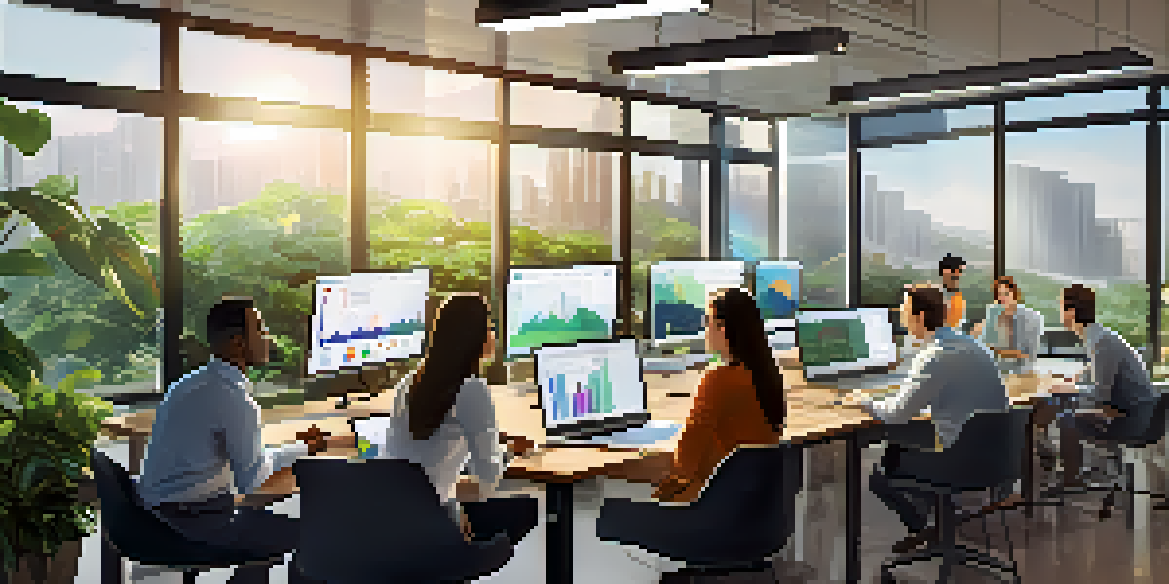 A diverse team in an office discussing graphs and charts, emphasizing collaboration and strategy.