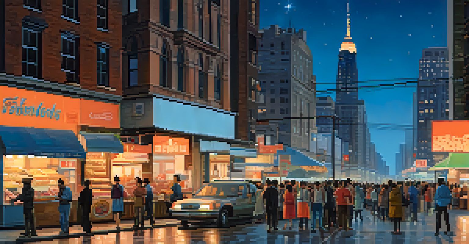 A lively city scene at twilight with illuminated skyscrapers and bustling streets.