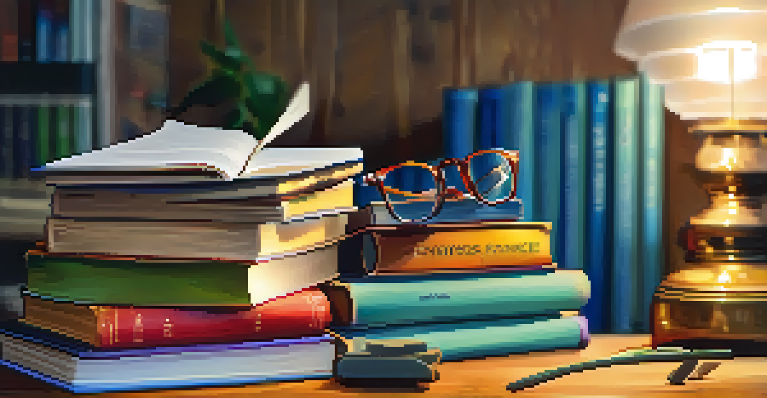 A stack of colorful finance books with reading glasses on a wooden desk in a cozy study setting.