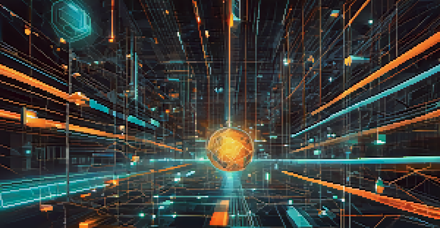 An abstract digital network with glowing nodes and lines against a dark background, representing technological advancements in finance.