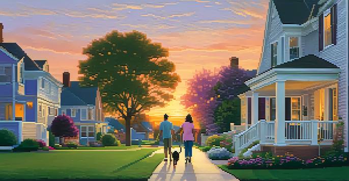 A peaceful suburban neighborhood at sunset with houses, lawns, flowers, and a family walking a dog.