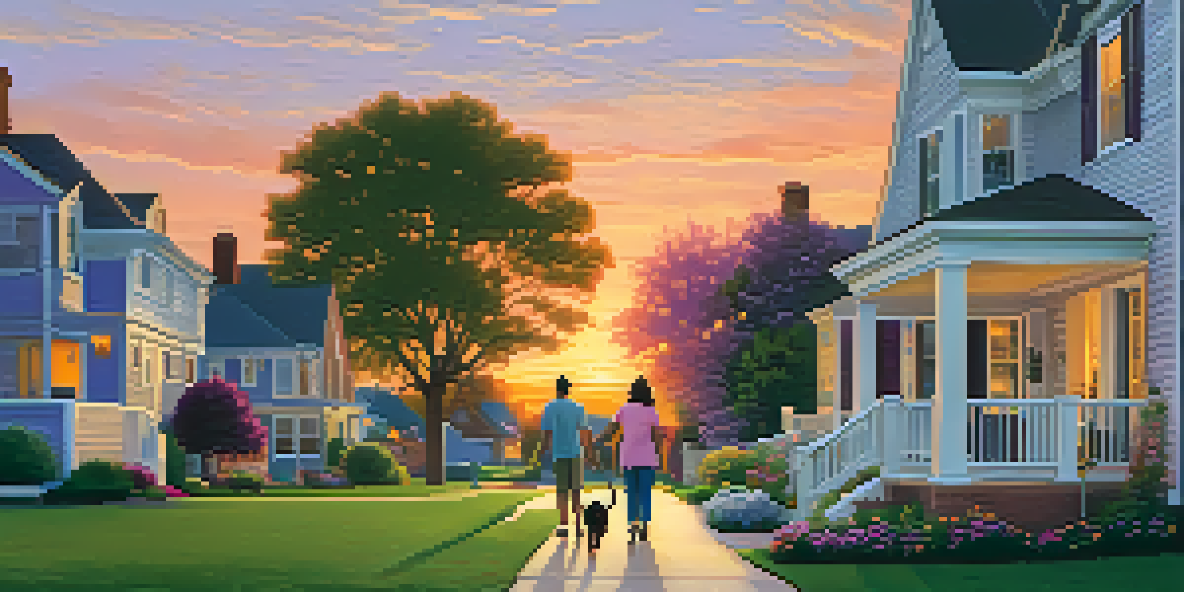 A peaceful suburban neighborhood at sunset with houses, lawns, flowers, and a family walking a dog.