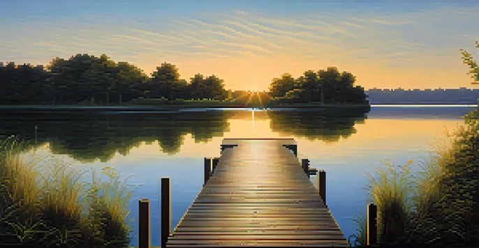 A peaceful lake at sunset with a dock and surrounding greenery.