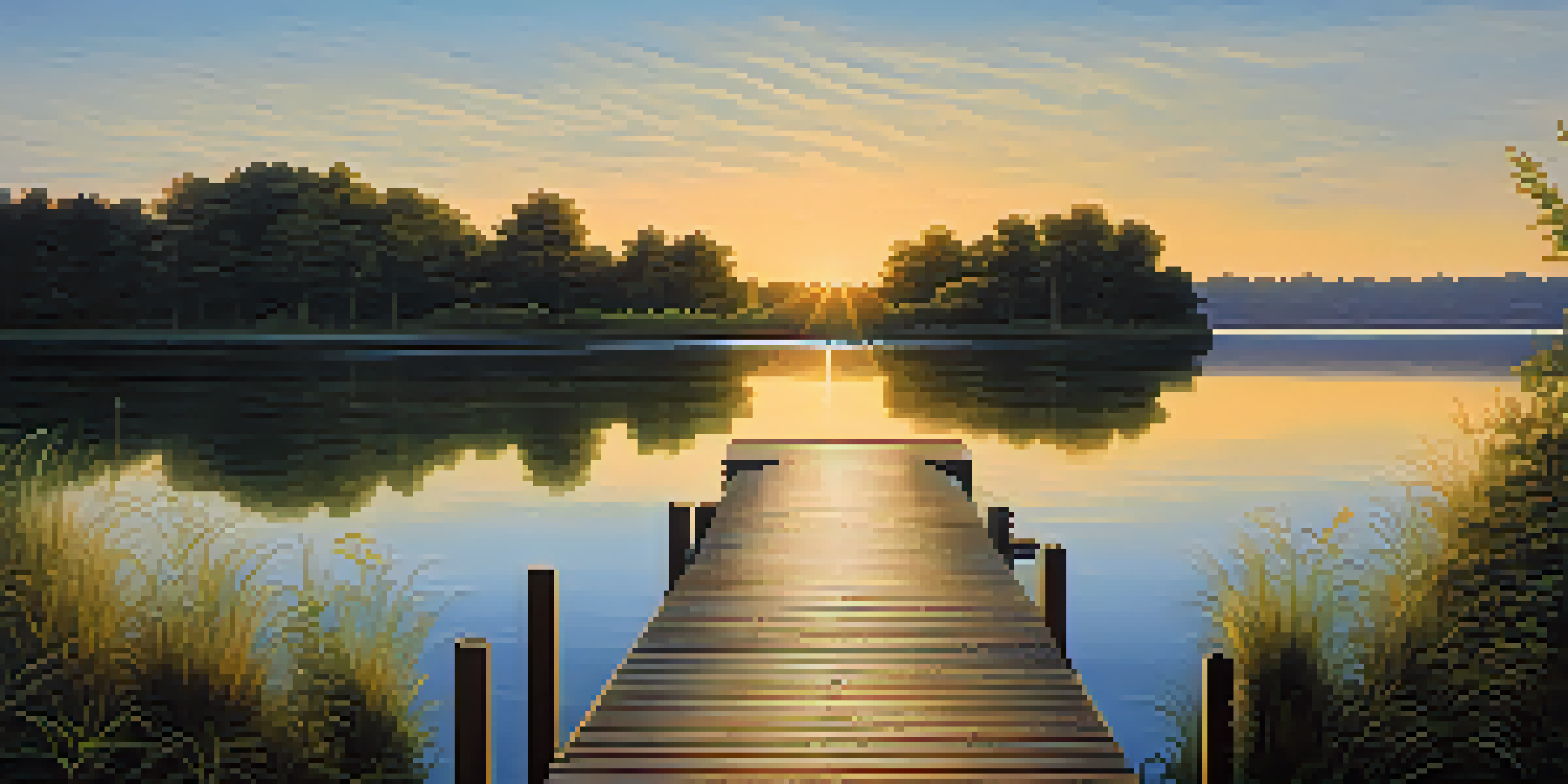 A peaceful lake at sunset with a dock and surrounding greenery.