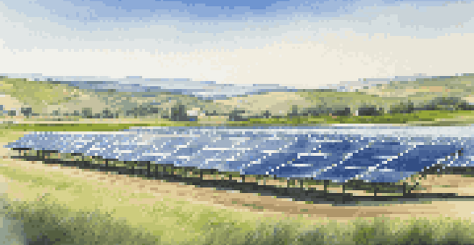 A scenic view of a solar farm with solar panels set against green hills and a blue sky, emphasizing renewable energy.