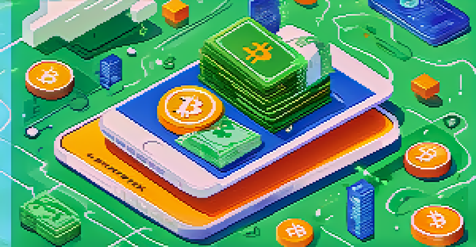 A smartphone with a banking app displaying digital money icons, surrounded by a cloud of currency symbols.