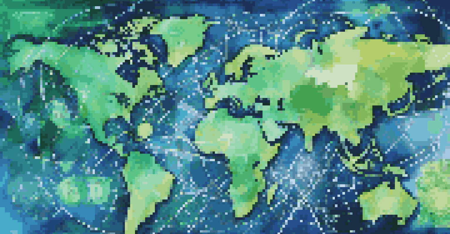 An abstract digital world map with currency symbols and glowing lines representing global financial compliance.