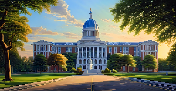 A stable government building in a peaceful landscape with people discussing in a park.
