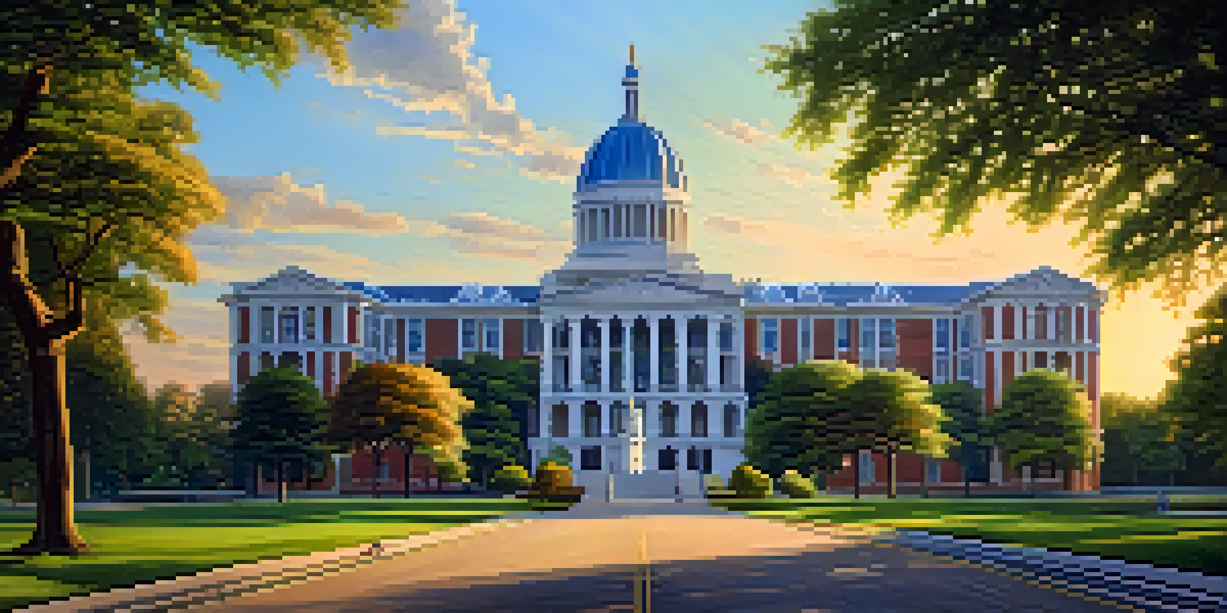 A stable government building in a peaceful landscape with people discussing in a park.