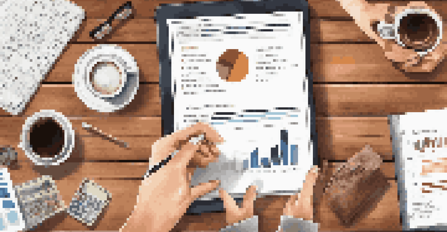 Close-up of hands analyzing financial reports on a wooden table with charts, a coffee cup, and a laptop, symbolizing growth equity investments.