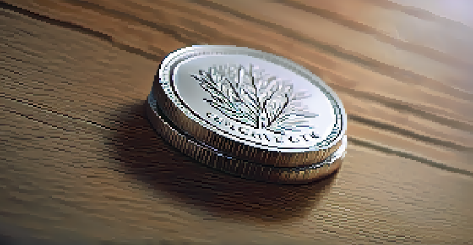 A close-up view of a shiny silver coin on a wooden table with soft lighting.