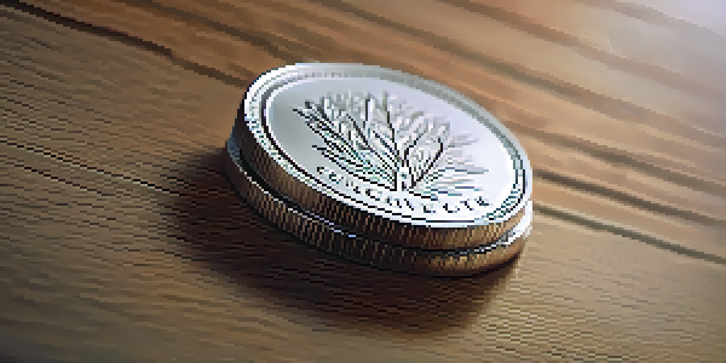 A close-up view of a shiny silver coin on a wooden table with soft lighting.