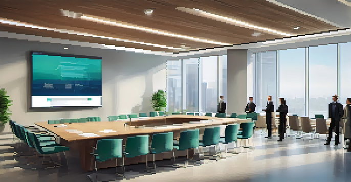 A modern conference room with a presenter and diverse investors listening to a pitch, with natural light coming through large windows.