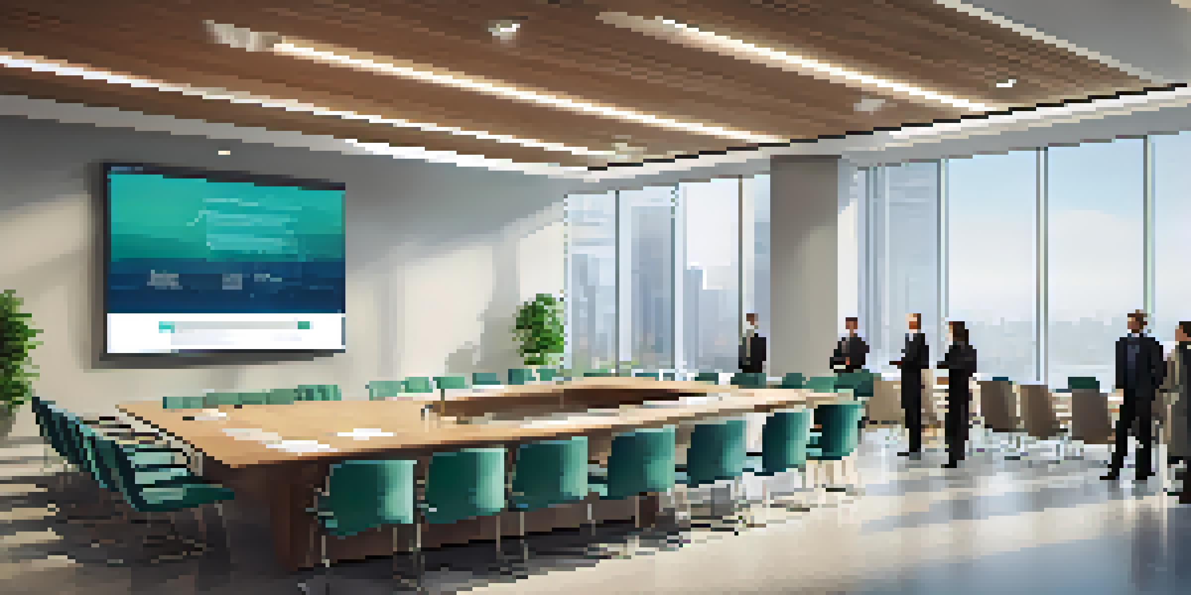 A modern conference room with a presenter and diverse investors listening to a pitch, with natural light coming through large windows.