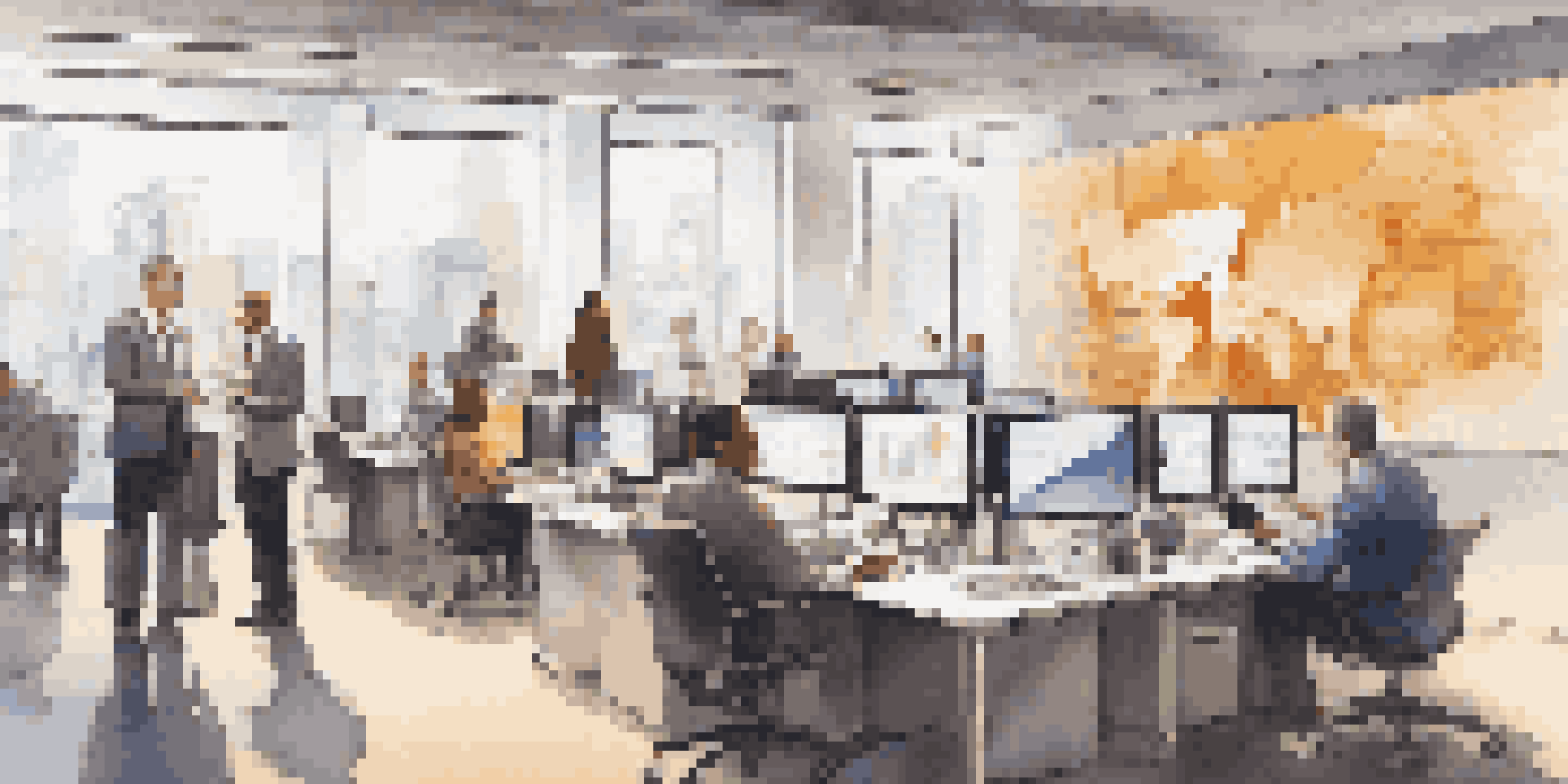 A busy office with people talking about investments, digital screens showing stock market data, and warm lighting.