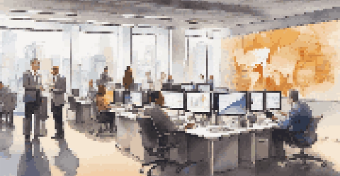 A busy office with people talking about investments, digital screens showing stock market data, and warm lighting.