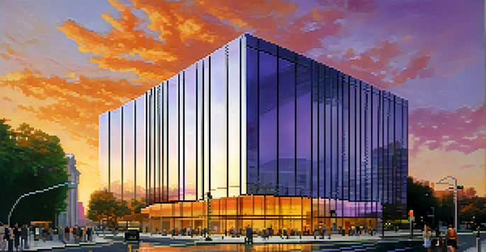 A contemporary central bank building made of glass reflecting the sunset, with people walking on the street and trees in the foreground.