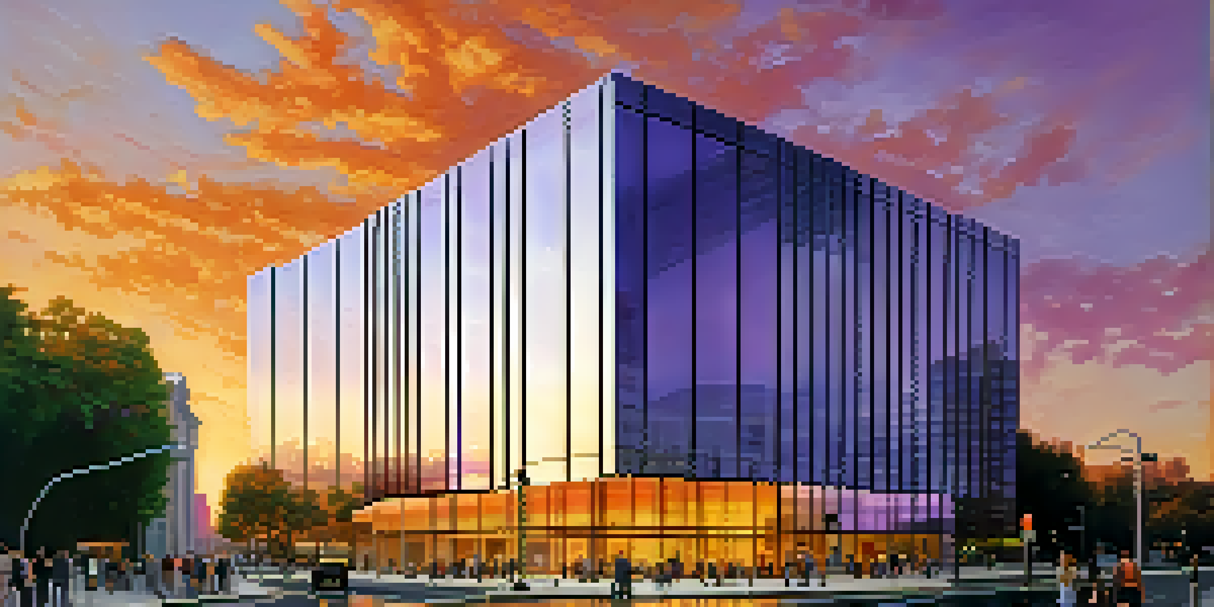 A contemporary central bank building made of glass reflecting the sunset, with people walking on the street and trees in the foreground.