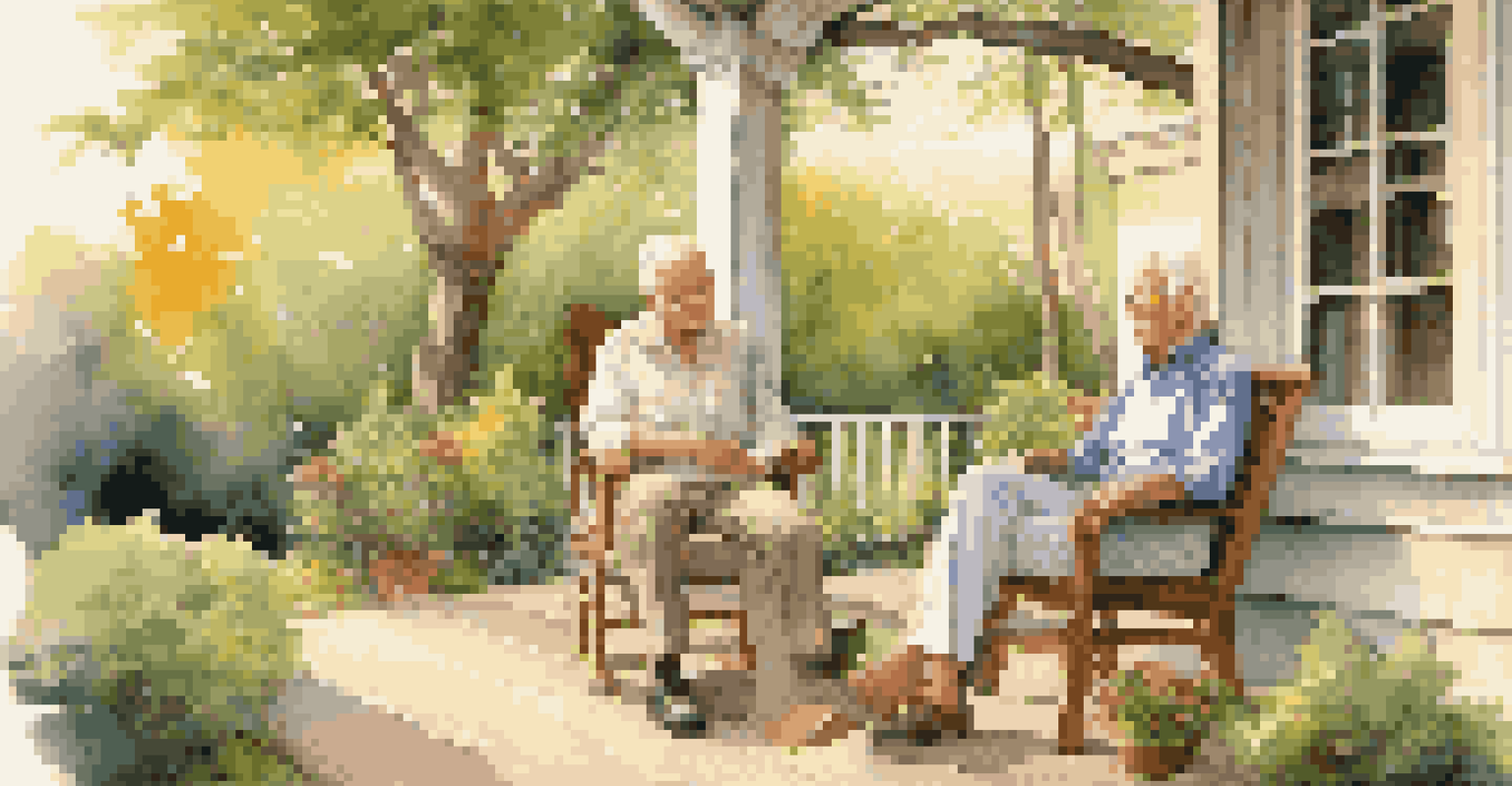 An elderly couple sitting on a porch, reviewing retirement plans, surrounded by nature and a warm sunset in the background.