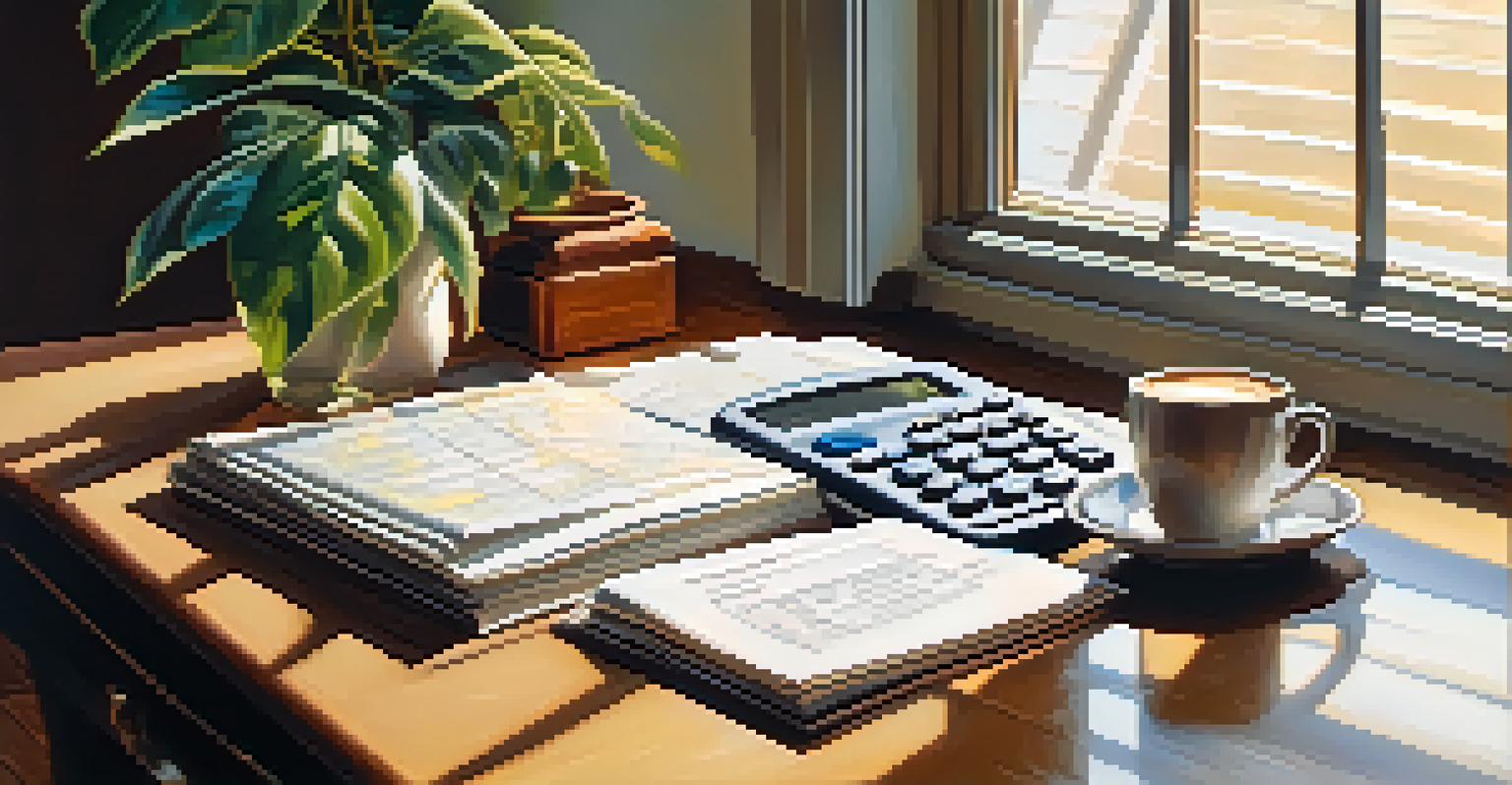 A workspace with financial documents, a calculator, and coffee, illuminated by natural light.