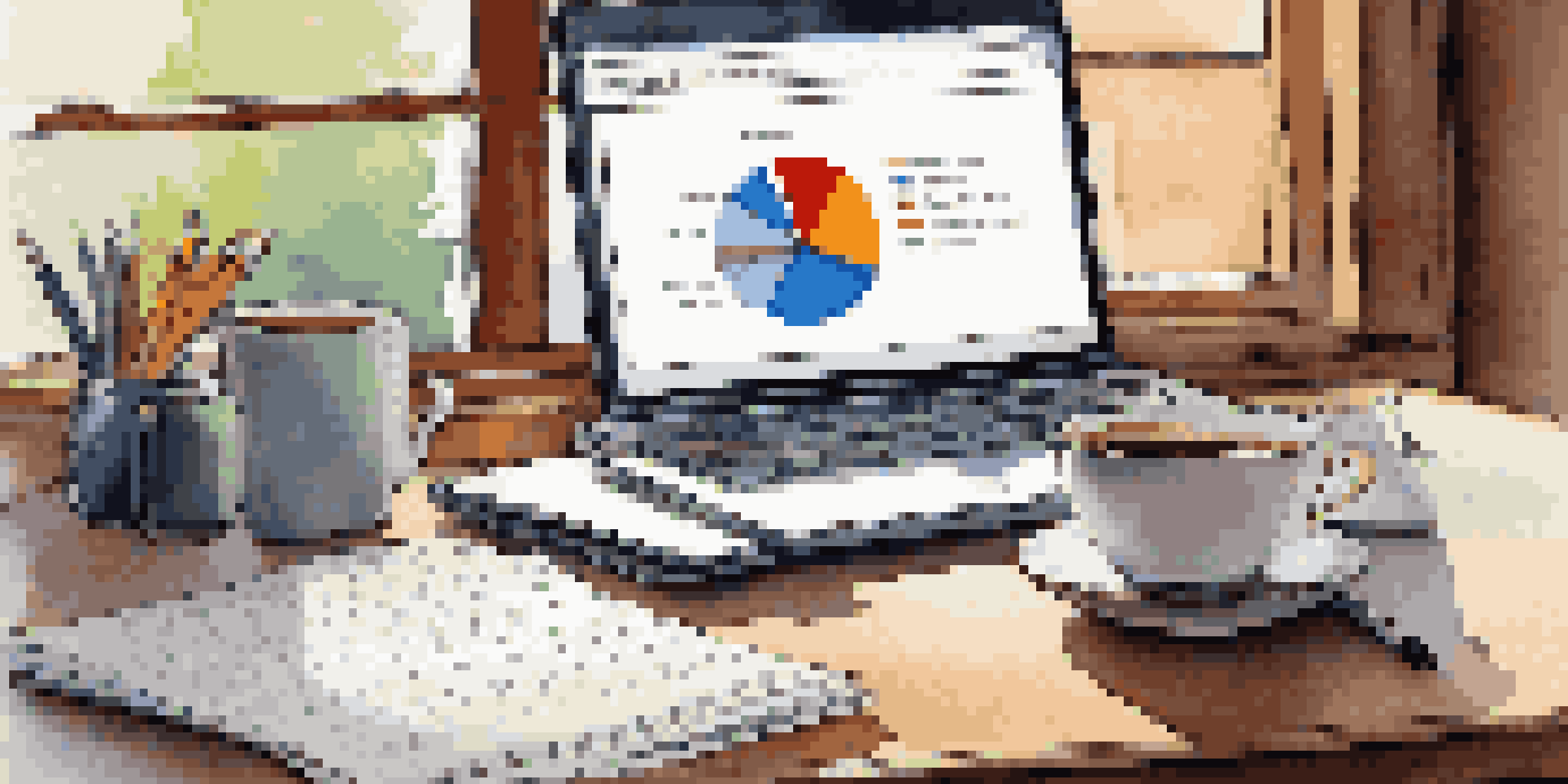 A financial planner's desk with a laptop displaying a pie chart, notebooks, and a coffee cup, illuminated by soft morning light.