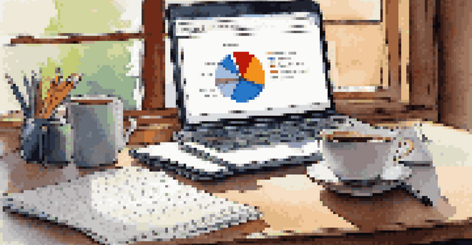 A financial planner's desk with a laptop displaying a pie chart, notebooks, and a coffee cup, illuminated by soft morning light.