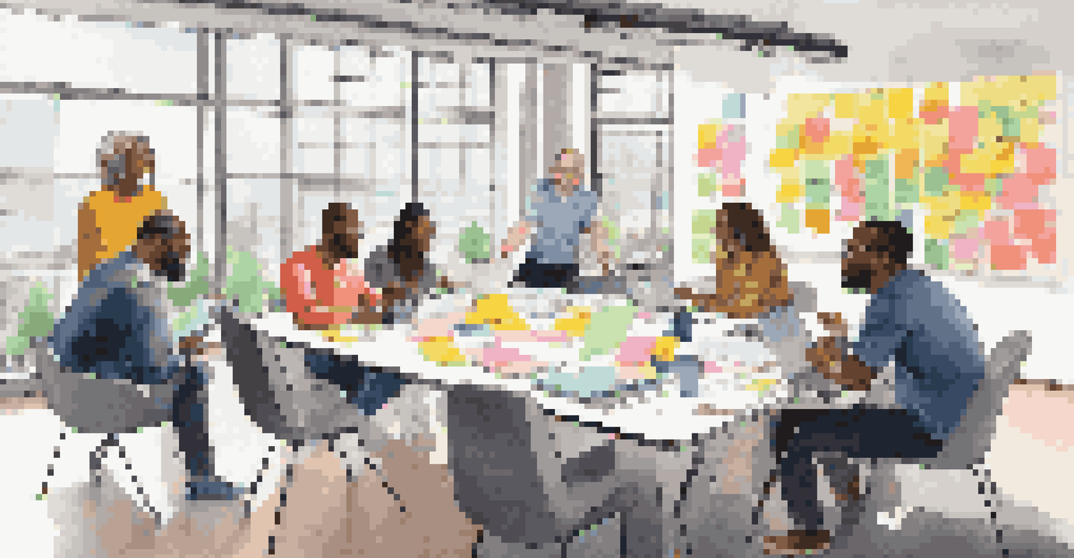 A diverse group of people collaborating in a bright conference room with sticky notes and laptops.