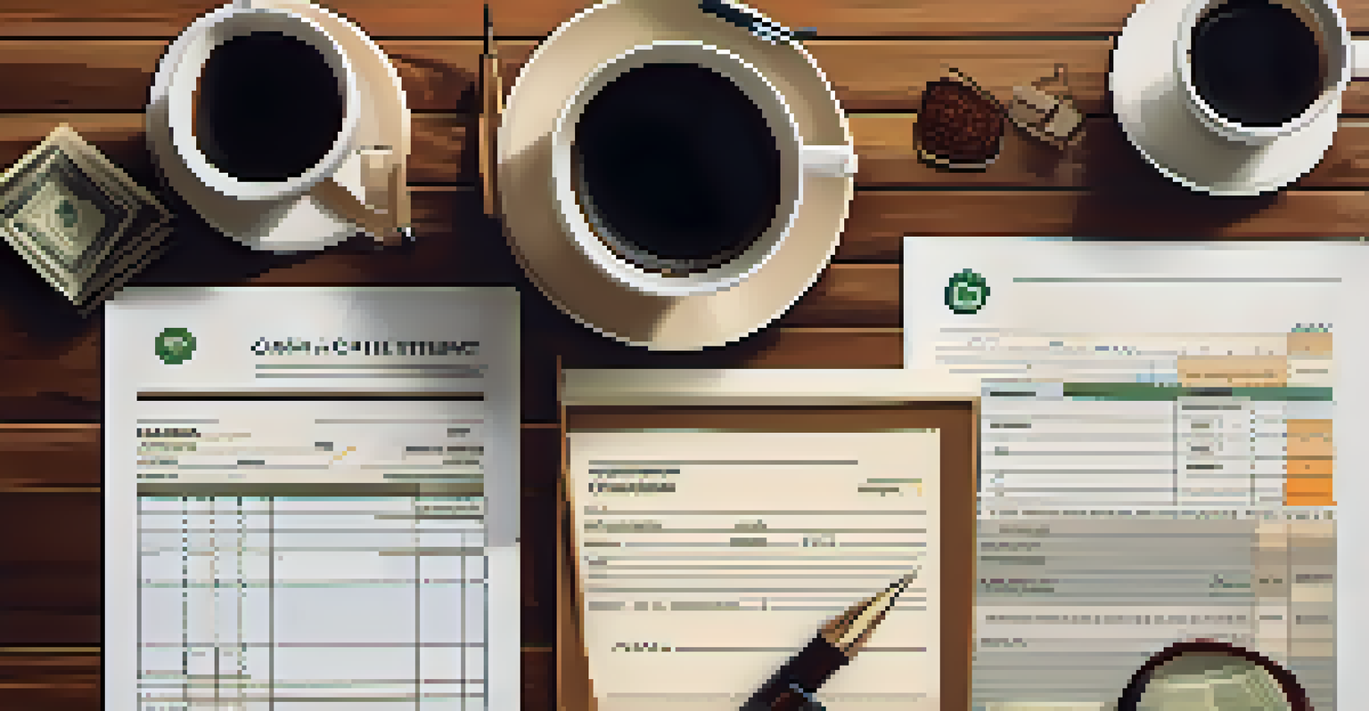 A flat lay view of financial documents, a calculator, a pen, and a cup of coffee arranged on a wooden table, warmly lit to highlight textures.