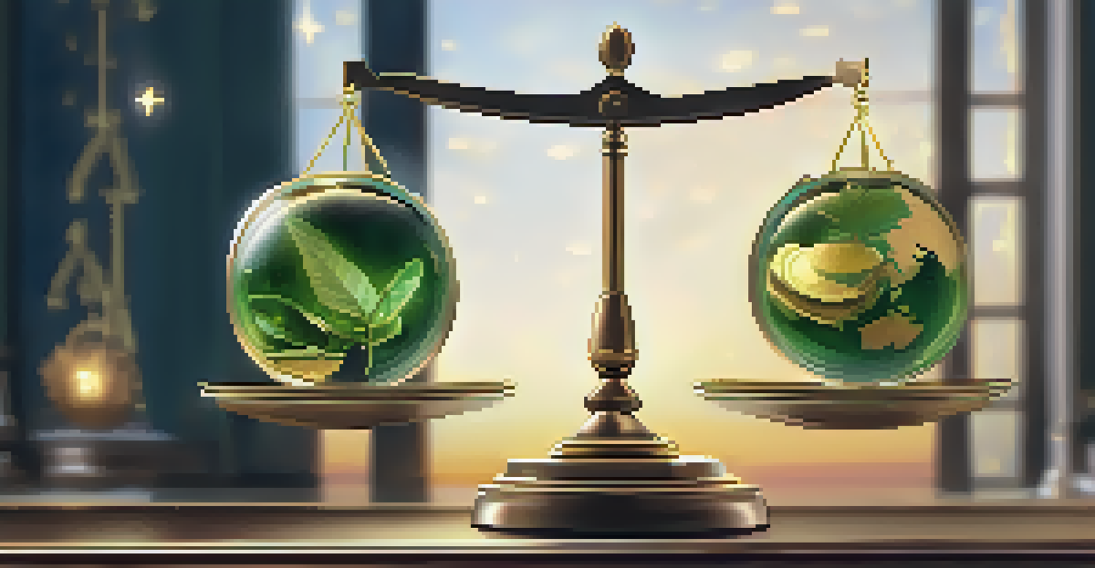 A balance scale with gold coins on one side and green leaves and a globe on the other, set against a sunset to starry night background.
