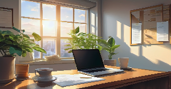 An office with a wooden table, financial documents, a laptop showing graphs, and sunlight through windows.