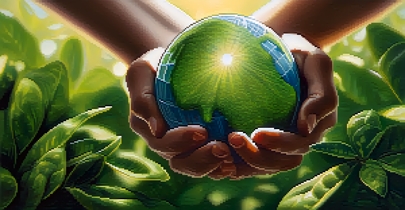Close-up of hands holding a globe surrounded by green leaves and sunlight filtering through, symbolizing sustainability.