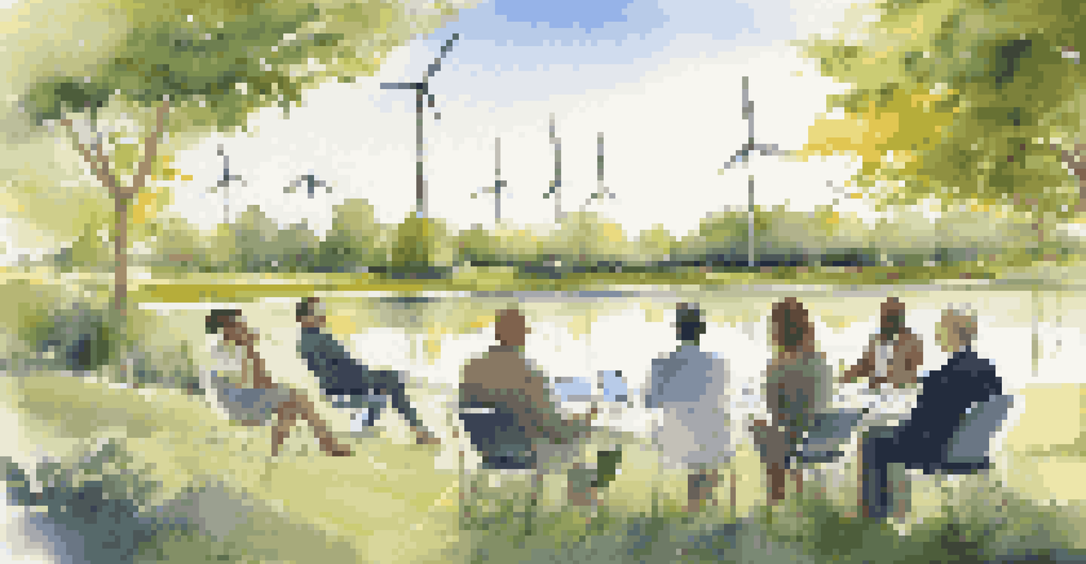 A group of investors discussing sustainability in a green outdoor setting with wind turbines in the background.