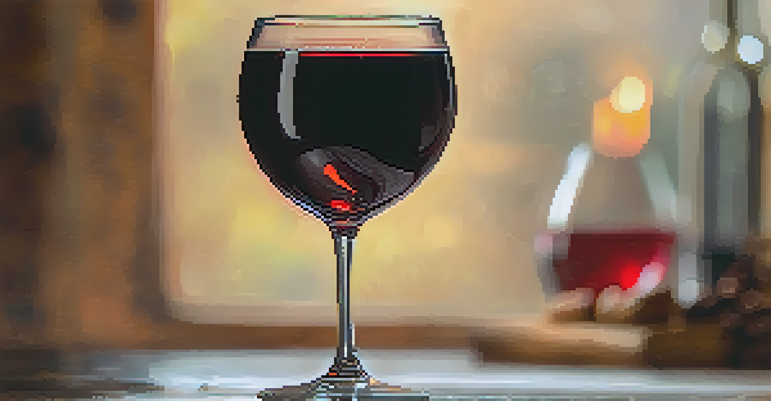 A close-up view of a wine glass with red wine, illuminated by candlelight on a wooden table.