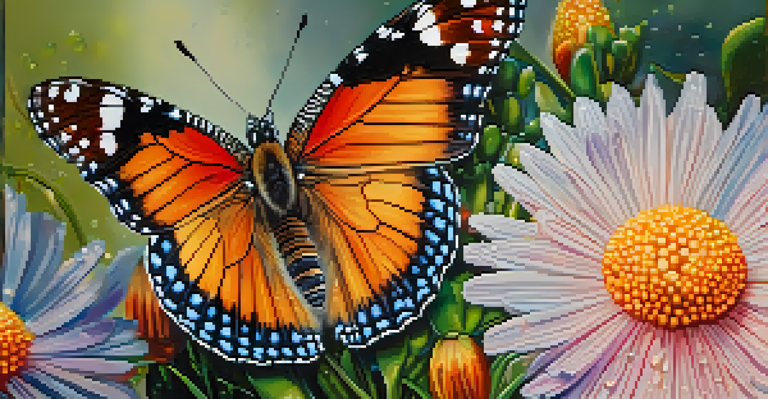 A close-up of a colorful butterfly resting on a flower with dewdrops on its petals.