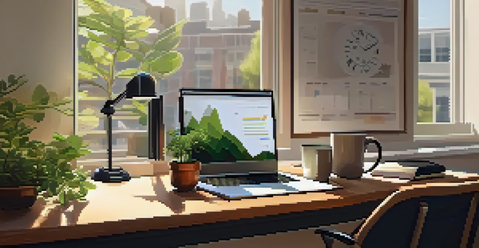 A bright and organized office space featuring a wooden desk with a laptop, financial documents, and a coffee cup, illuminated by sunlight through a window.