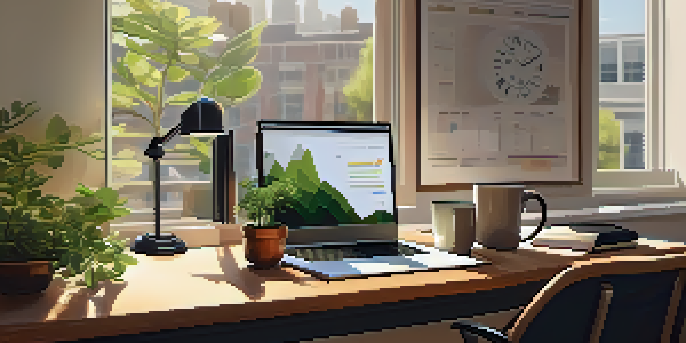 A bright and organized office space featuring a wooden desk with a laptop, financial documents, and a coffee cup, illuminated by sunlight through a window.