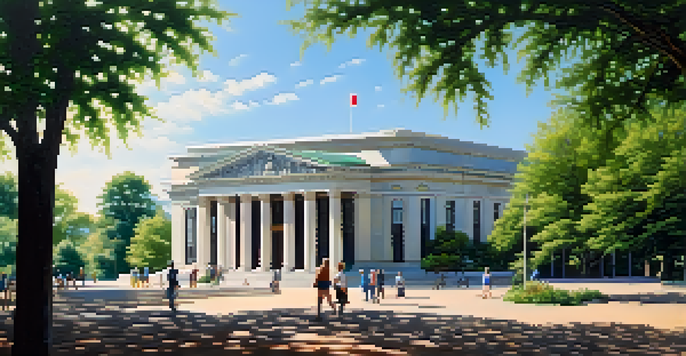 A peaceful scene of a central bank building in a green park with people walking under a blue sky.