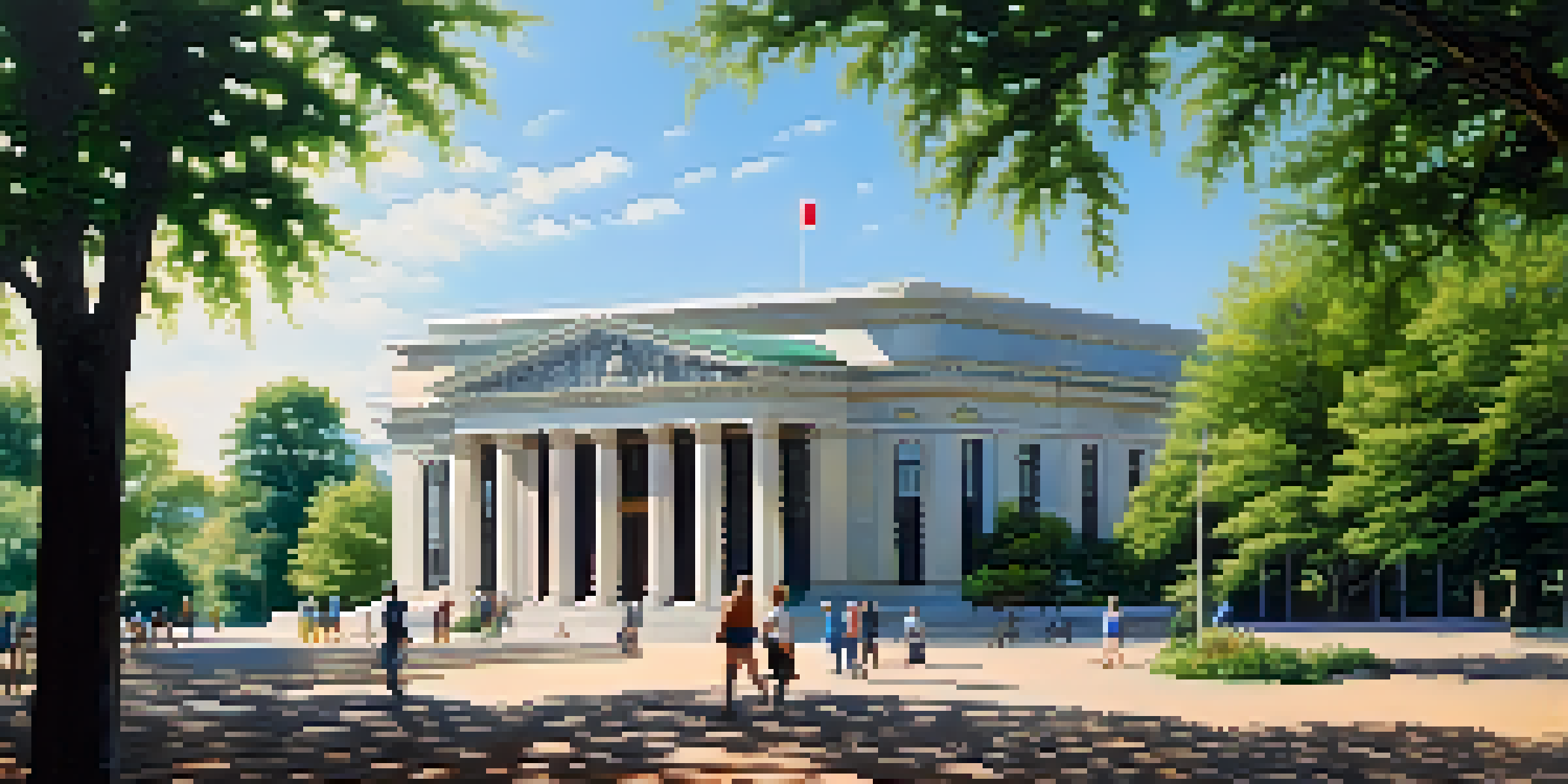 A peaceful scene of a central bank building in a green park with people walking under a blue sky.