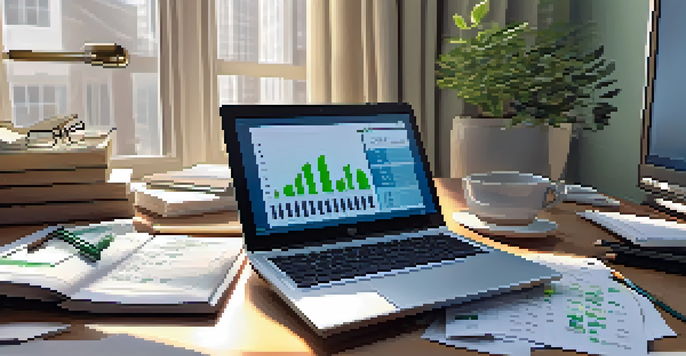 A financial analyst's desk with a laptop, notepad, and calculator, illuminated by natural sunlight.