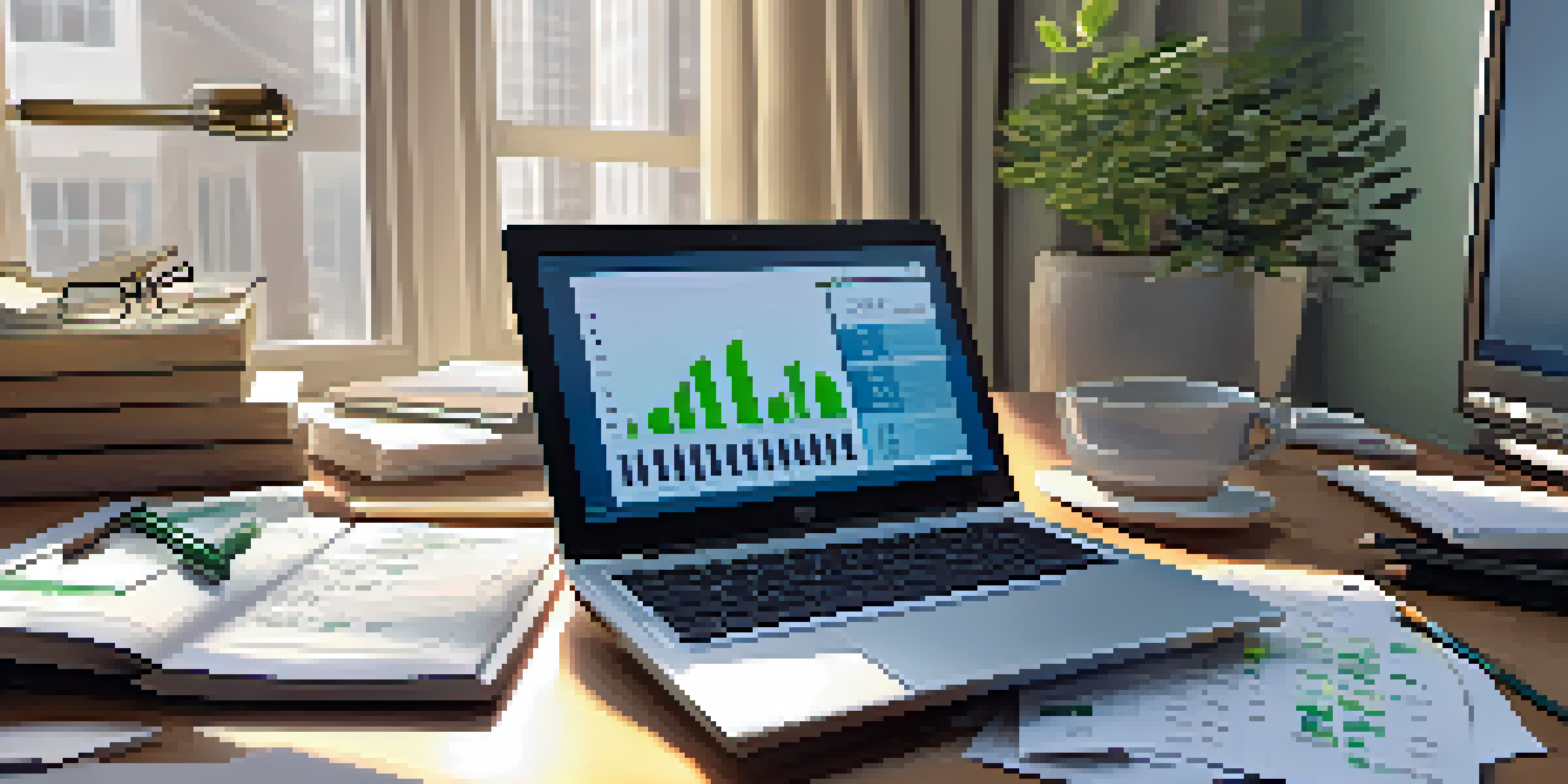 A financial analyst's desk with a laptop, notepad, and calculator, illuminated by natural sunlight.