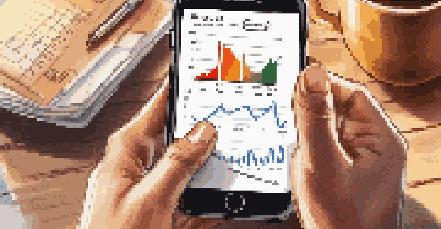 Close-up of hands with a smartphone showing a dividend yield graph, alongside a notepad and coffee cup on a table.