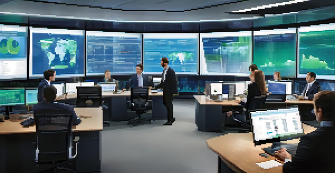 A diverse team of analysts in a modern hedge fund office, collaborating around a high-tech table with market data on screens.