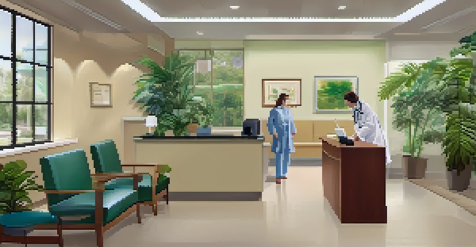 A modern doctor's office with a comfortable waiting area, greenery, and a friendly receptionist.