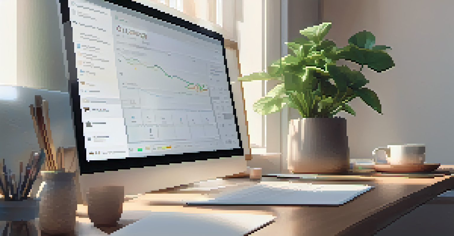 A workspace with a laptop displaying a budgeting app, a steaming coffee cup, and a potted plant, all bathed in soft lighting.