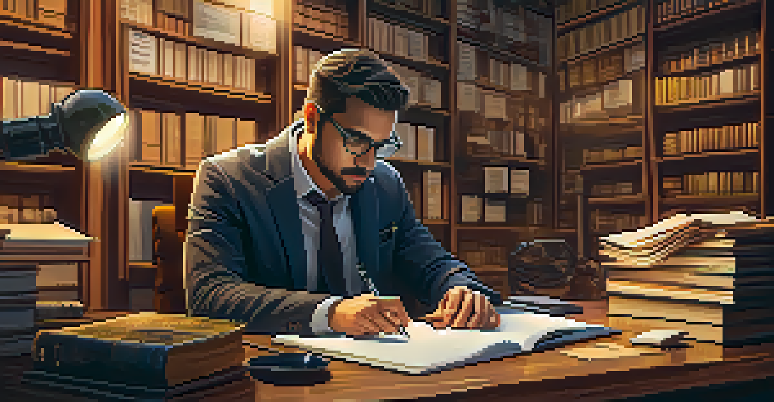 A trader sitting at a laptop with a notepad, surrounded by trading books, in a cozy, warmly lit room with a motivational quote on the wall.
