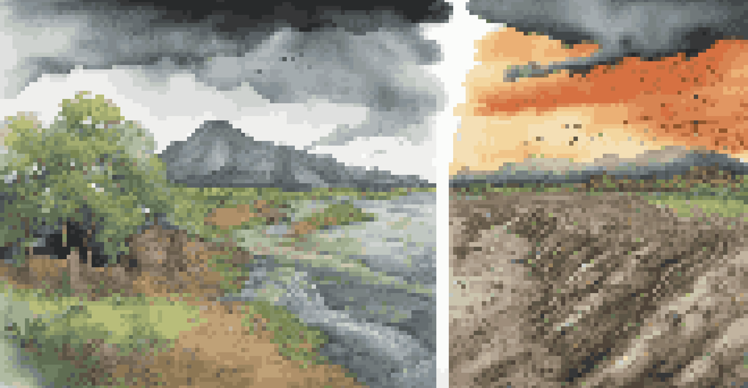 A split image showing the contrast between a healthy landscape and one devastated by natural disasters due to climate change, emphasizing the need for preparedness.